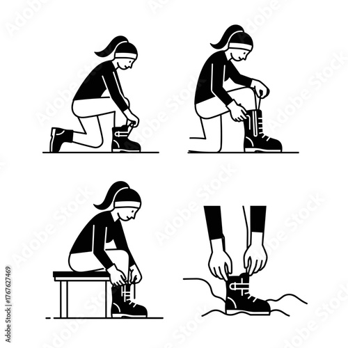 Woman fastening winter boots in step-by-step illustration, outdoor preparation and cold weather readiness