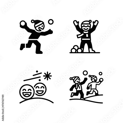Kids throwing snowballs icon set, winter outdoor play and fun illustration