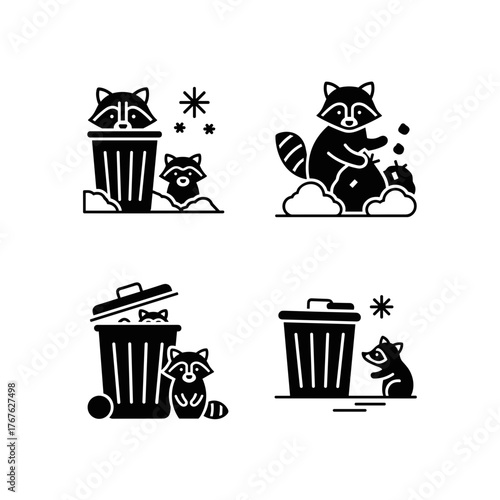 Raccoon scavenging around trash bins in snowy environment, urban wildlife and waste management