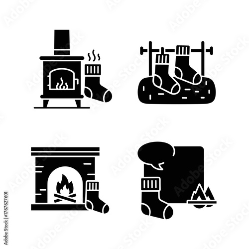 Wool socks by wood stove and fireplace for cozy winter warmth and comfort, home heating illustrations
