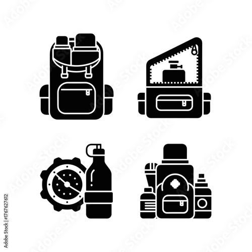 Thermos in Winter Backpack with Camping Gear Icons for Outdoor Adventure Preparation