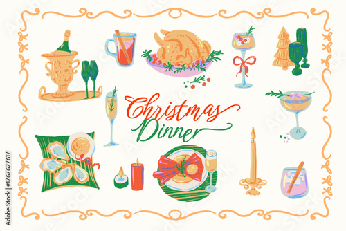 Festive Hand-Drawn Christmas Dinner Elements Collection