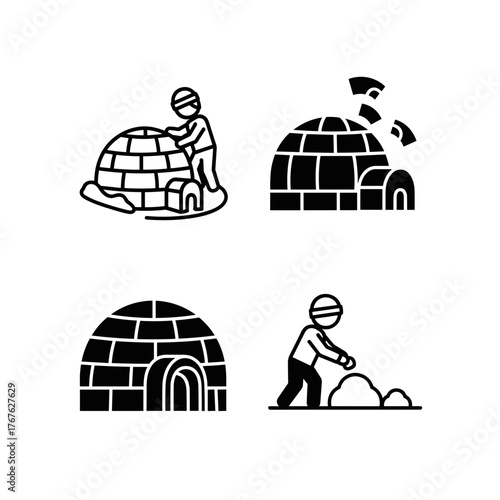 Child constructing igloo with snow bricks and blocks, winter outdoor activity illustration