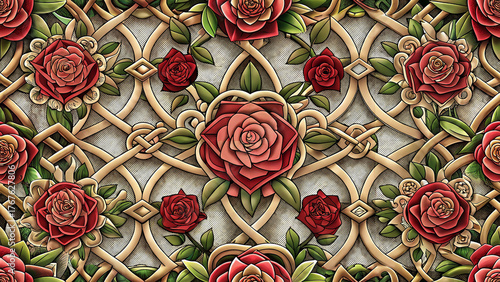 Tudor Rose Lattice Seamless Pattern, European Western Heraldic Floral Interlace, Medieval Renaissance Ornamental Tile, Red Gold Green Vintage Vector Repeat Wallpaper Background