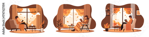 Cozy Autumn Reading at Home — Flat Vector Illustration of People Relaxing Indoors with Warm Drink and Falling Leaves Outside