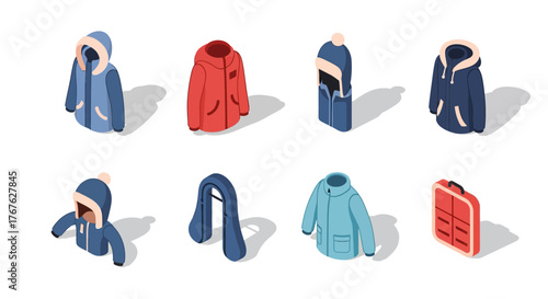 Isometric winter jacket and coat collection with accessories