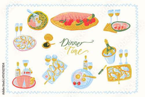 Hand-Drawn Dinner Time Food and Drink Collection