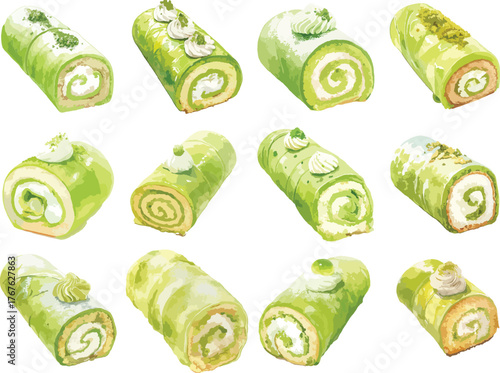 Watercolor Green Tea Swiss Rolls Clipart