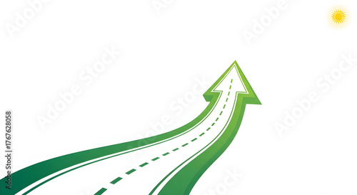 Conceptual illustration of a path to success with a green arrow road leading towards a future goal, representing growth, ambition and progress on a white background