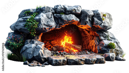 Rock grotto fireplace with bright flames and some vegetation