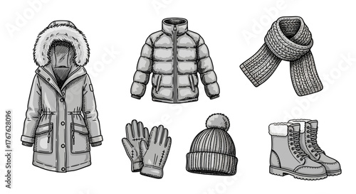 Winter clothing essentials in detailed black and white style