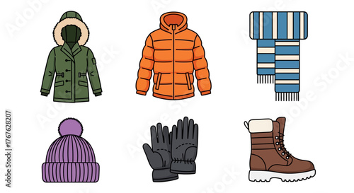 Winter apparel collection: cozy jackets, accessories, and footwear in flat style