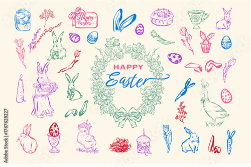 Hand-Drawn Easter Holiday Collection with Bunnies, Eggs, and Floral Wreath