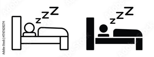 Sleep people icon set. Person in bed. Hotel flat icon. Sleeping shelter sign. Healthy lifestyle symbol. Vector Illustration