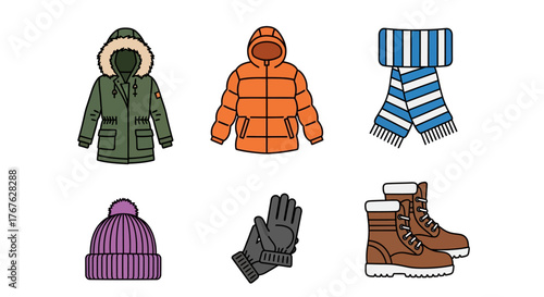 Winter clothing essentials: coats, jackets, scarf, hat, gloves, and boots in…