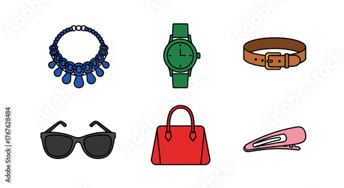 Fashion accessories icons: jewelry, watches, sunglasses, bags, belts, hair cl…