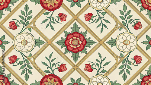 Tudor Rose Lattice Seamless Pattern, European Heraldic Floral Tile, Medieval Renaissance Vintage Wallpaper Background in Red Gold Green, Vector Repeat Design