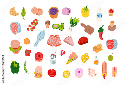 Diverse Hand-Drawn Flat Food Elements Collection
