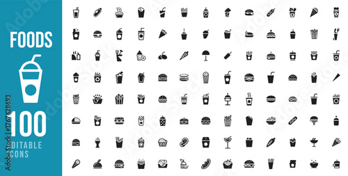 Collection of 100 diverse food and drink icons in simple black silhouette style