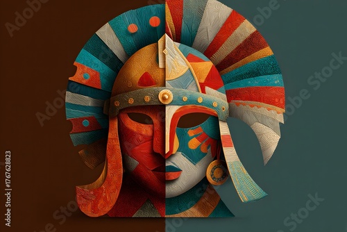 Visual Metaphor of Conquest and Identity Featuring Helmet and Tribal Mask for Cultural Campaigns