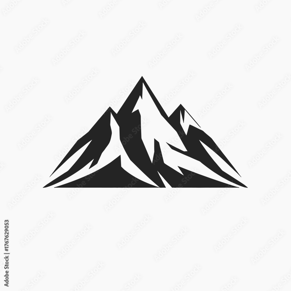 Fototapeta premium Stylized black and white illustration of three mountain peaks with snow, against a plain background.