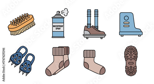 Essential hiking equipment set for outdoor adventures in a flat design