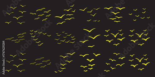 Flock of yellow birds in flight against a black background, hand-drawn style