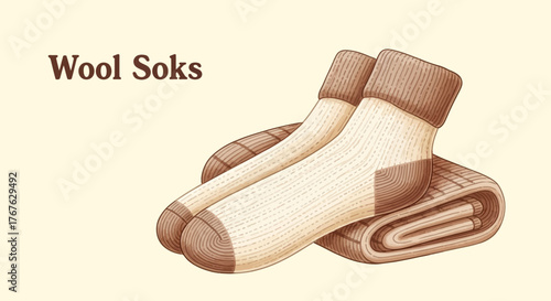 Cozy wool socks on blanket: vintage hand-drawn style
