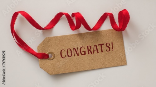 Brown congratulations tag with red ribbon on white background. Celebration message for achievement. Greeting card or success concept.