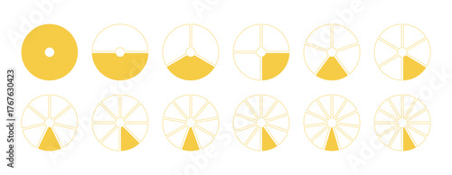 Circles divided diagrams on from 1 to 12 equal parts. Segments wheel round divide infographic. Coaching blank template. Graph pie, pizza shape section charts simple yellow icons. 