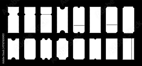Admit one tickets mockup. Set of empty templates. Ticket pattern for cinema, circus, theater, festival, casino, club. Boarding blanks, lottery, sale coupons. White blanks backgrounds.