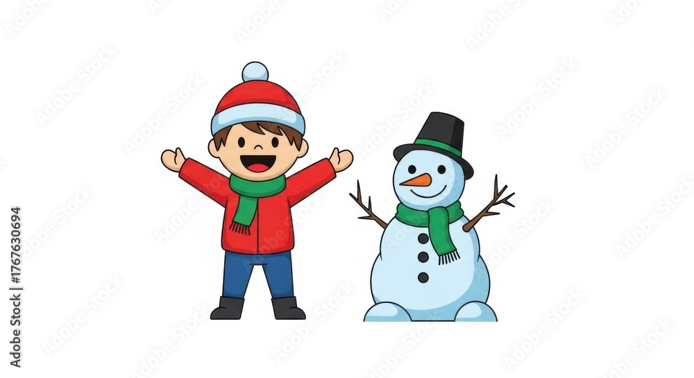 Obraz premium Sweet Minimalist Icon of a Child Building a Snowman for Winter Fun