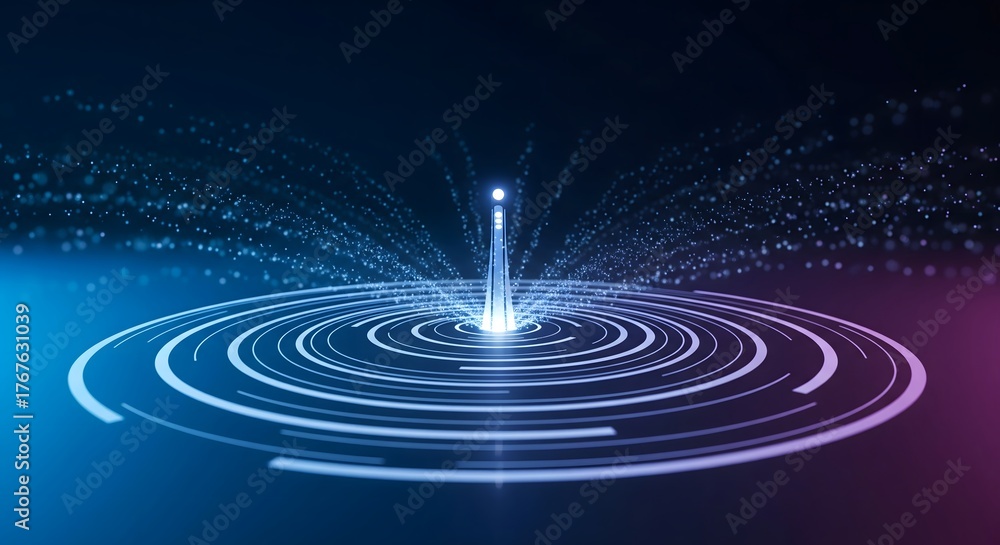 Fototapeta premium Abstract visualization of digital data flow, communication, and connectivity, featuring glowing concentric circles and particle stream on dark blue and purple background.