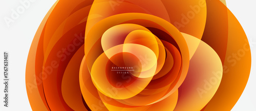Abstract orange design features layered translucent shapes. Circular elements create dynamic visual flow, modern aesthetic.