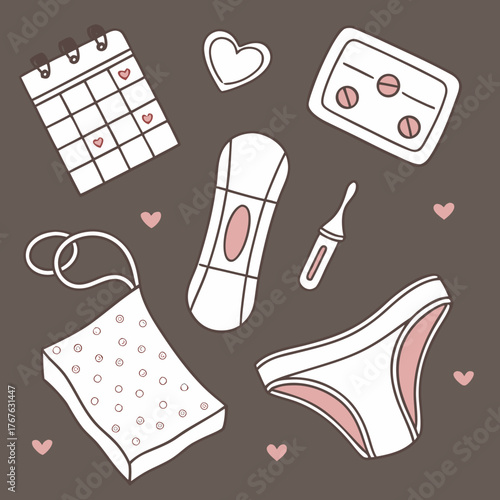 Menstrual cycle essentials with calendar marked with hearts, feminine hygiene products for period days, monthly planning and self-care routine
