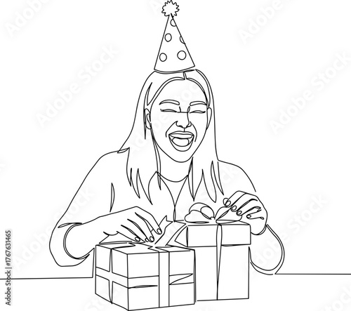 Young woman joyfully unwrapping presents in line vector style, transparent background  