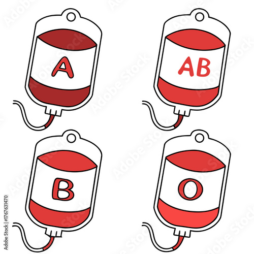 Donate Blood Save Lives: Four Blood Bags Featuring Different Blood Types A, B, AB, and O for Medical and Healthcare Awareness Campaigns