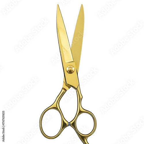 Shiny golden scissors open against a black background