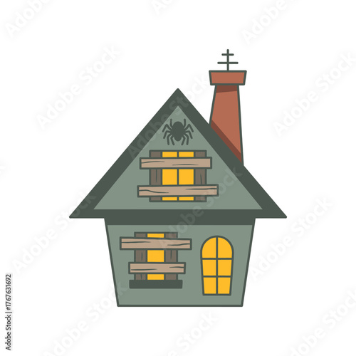 Spooky abandoned house with boarded windows and spider haunted house Halloween