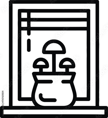 Black and white line art of mushrooms growing in a pot on a windowsill fungi plant