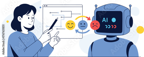 Cartoon character interacting with AI robot analyzing emotions, feedback loop diagram, emotional response system, technology concept vector illustration