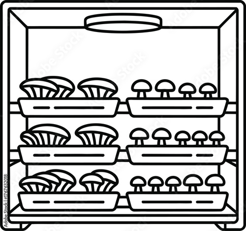 Line art illustration of a mushroom growing rack with multiple shelves fungi shelf