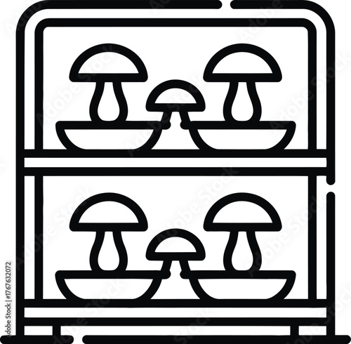 Mushroom cultivation on shelves in a simple outline drawing Keywords: mushroom, cultivation