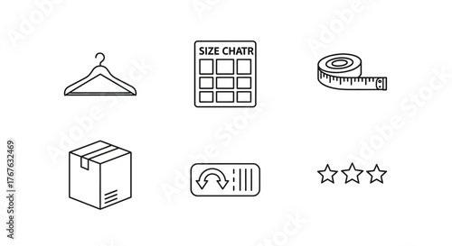 E-commerce line art icons: hanger, size chart, tape, box, return, ratings