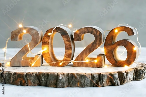 Rustic wooden numbers spelling out the year 2026 illuminated by warm fairy lights on a natural wood slice