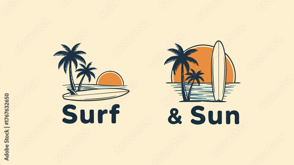 Fototapeta premium Beach Holiday Surf Outline Minimal Vector Icons