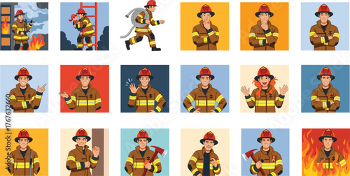 "Firefighter Cartoon Actions and Emotions – Rescue, Tools, Heroic Poses, Emergency Scenes, and Character Gestures for Educational Vector Use"