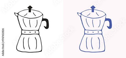 Whimsical and hand drawn doodle of a Moka Pot coffee maker in black and blue. This playful and artistic design is perfect for coffee lovers and kitchen-themed graphics, with a casual and modern touch 