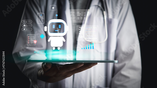 Healthcare medical innovation AI technology concept. Doctor using tablet virtual reality. Robot chatbot assistant analyze patient data. Future digital health telemedicine service medicine automation.