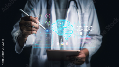 Doctor use tablet analyze AI brain scan. Neurology healthcare technology innovation. Medical data analysis digital diagnosis. Futuristic virtual interface mental health patient record background.